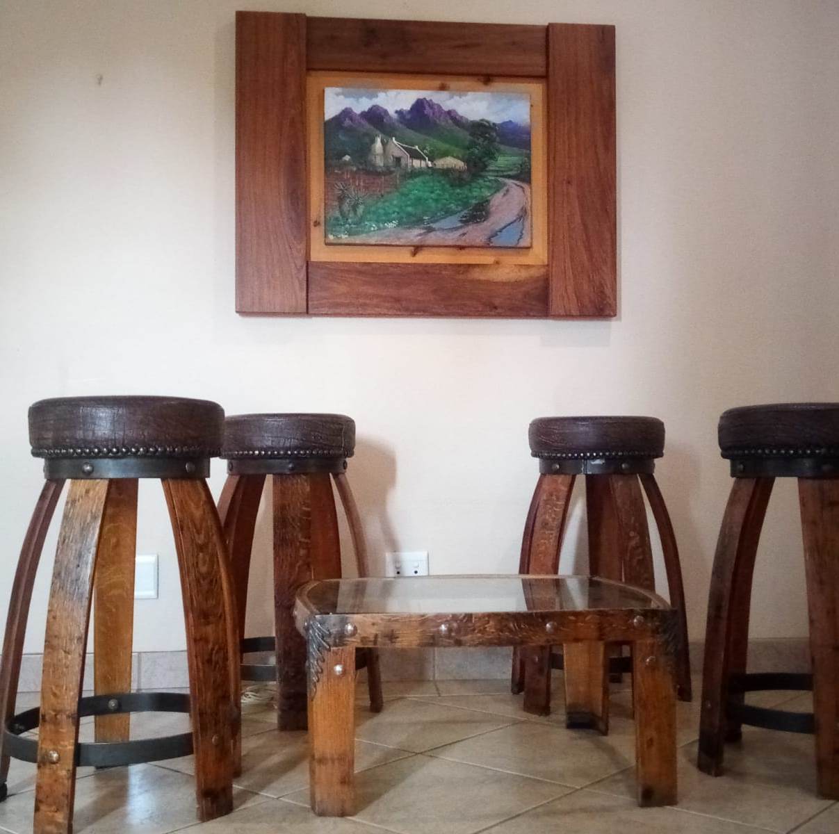 oak bar stools, glass and oak coffee table and kiaat picture frame
